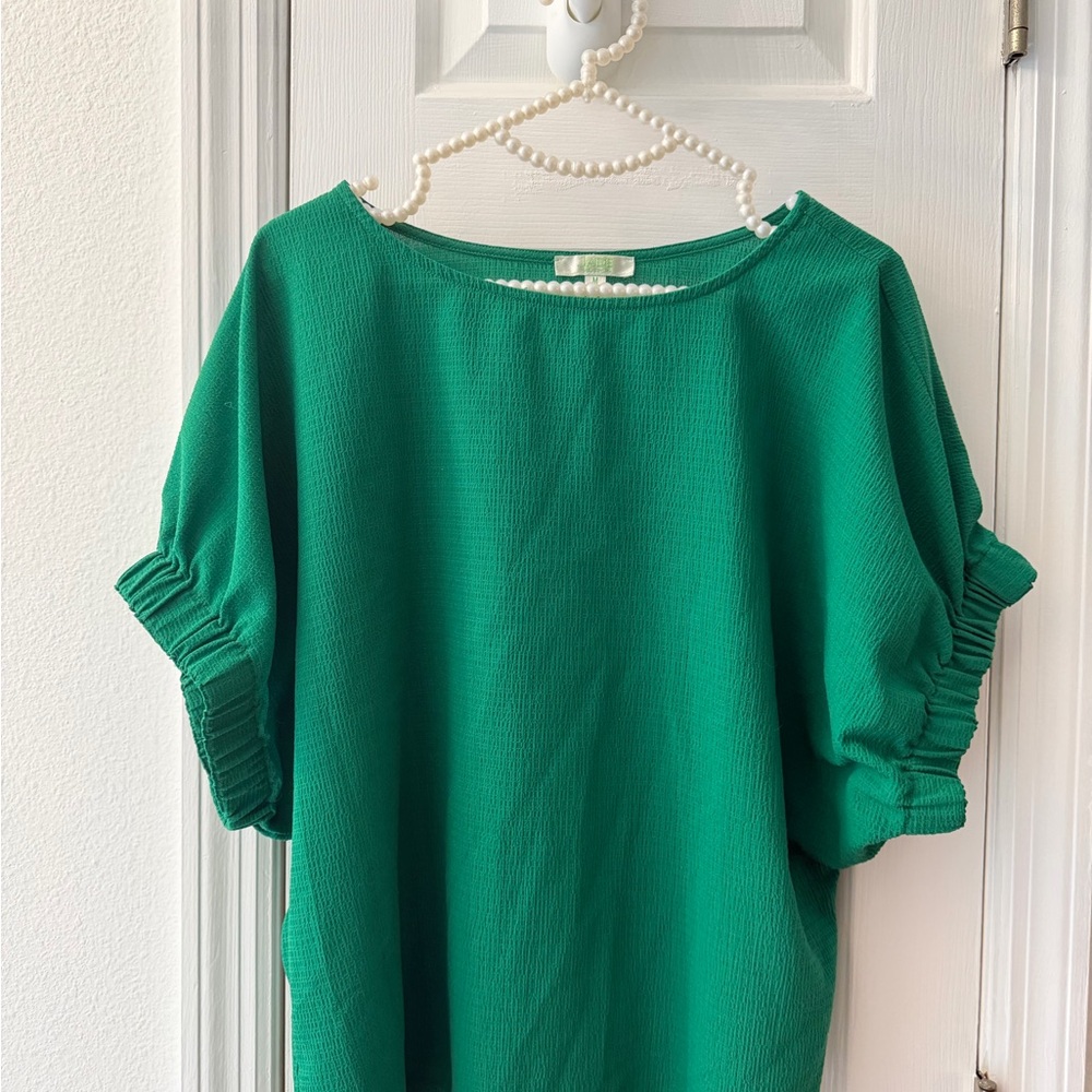 Ruched Sleeve Green Blouse